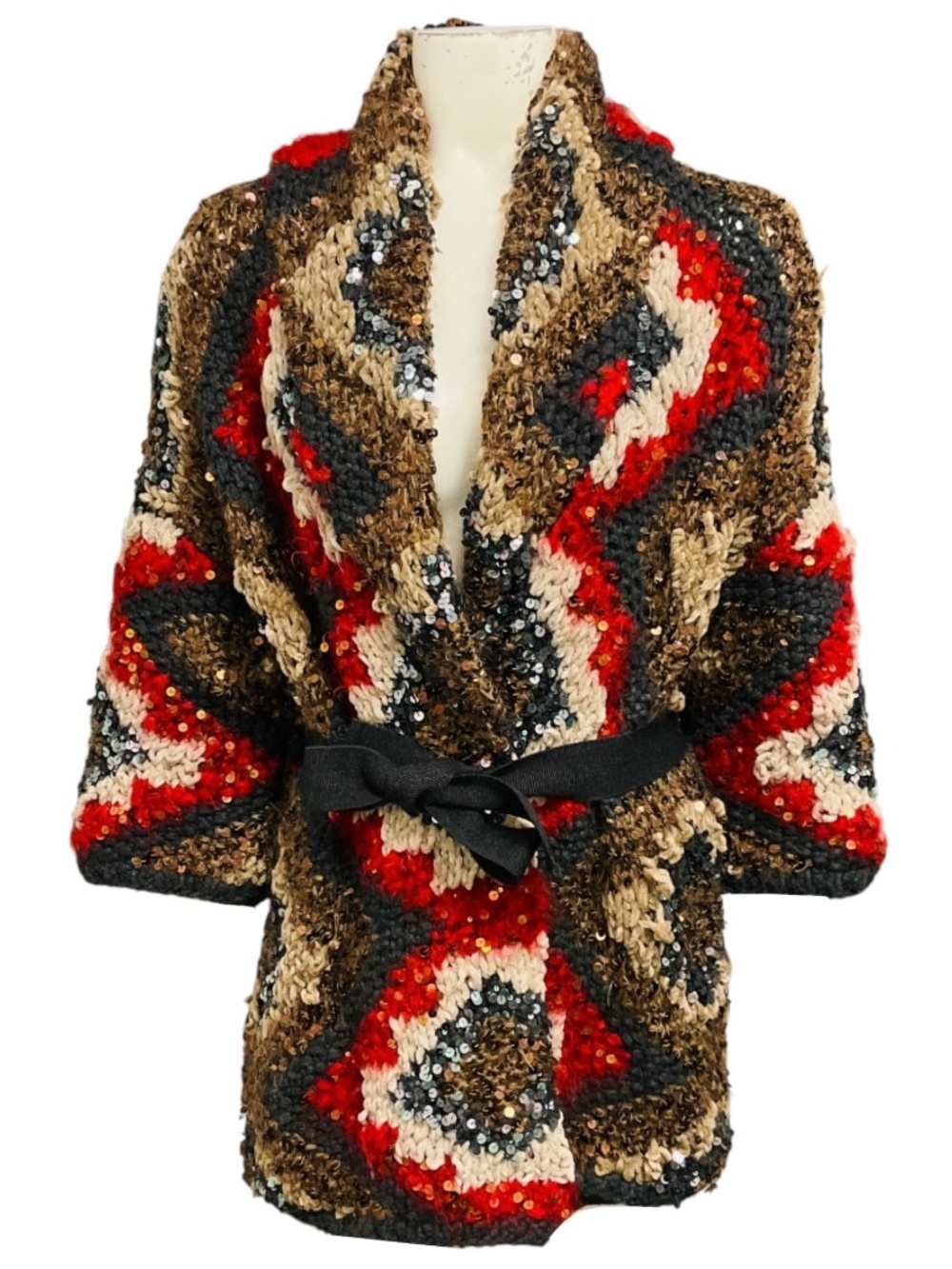 BRUNELLO CUCINELLI RED / GREY / BEIGE MULTI CHUNKY KNIT BELTED CARDIGAN WITH SEQ